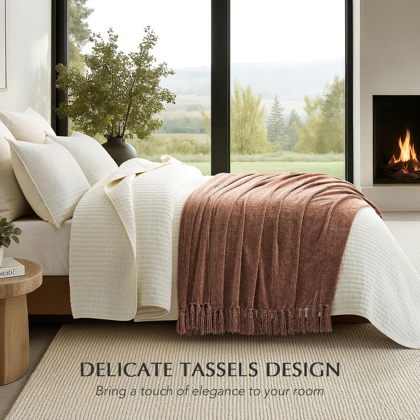 EVERGRACE Soft Chenille Throw Blanket for Couch, Cozy Plush Fuzzy Decorative Chenille Knit Throw Blanket with Tassels, Lightweight Blanket and Throws for Bed Sofa Gift Home Decor, Clay 60"x80"