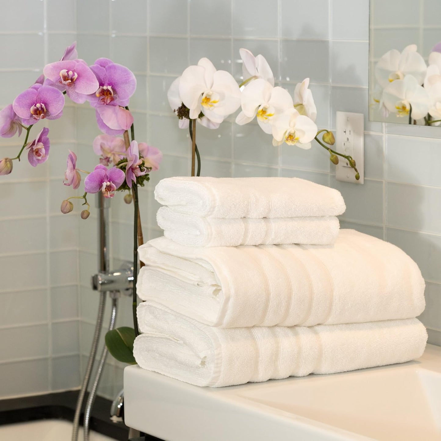 Mosobam Luxury Turkish 4pc XL Towel Set 35X70 16X30 White 700 GSM Bamboo Viscose & Aegean Turkish Combed Cotton