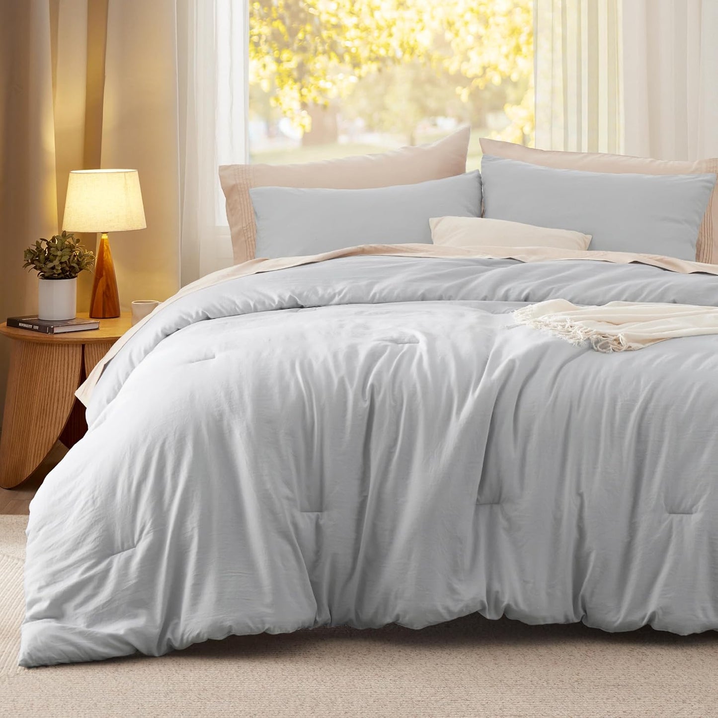 Bedsure Queen Size Comforter Set, Light Grey Soft Prewashed Bedding for All Seasons, 3 Pieces GentleSoft™ Warm Down Alternative Bed Set, 1 Lightweight Comforter (90"x90") and 2 Pillowcases (20"x26")