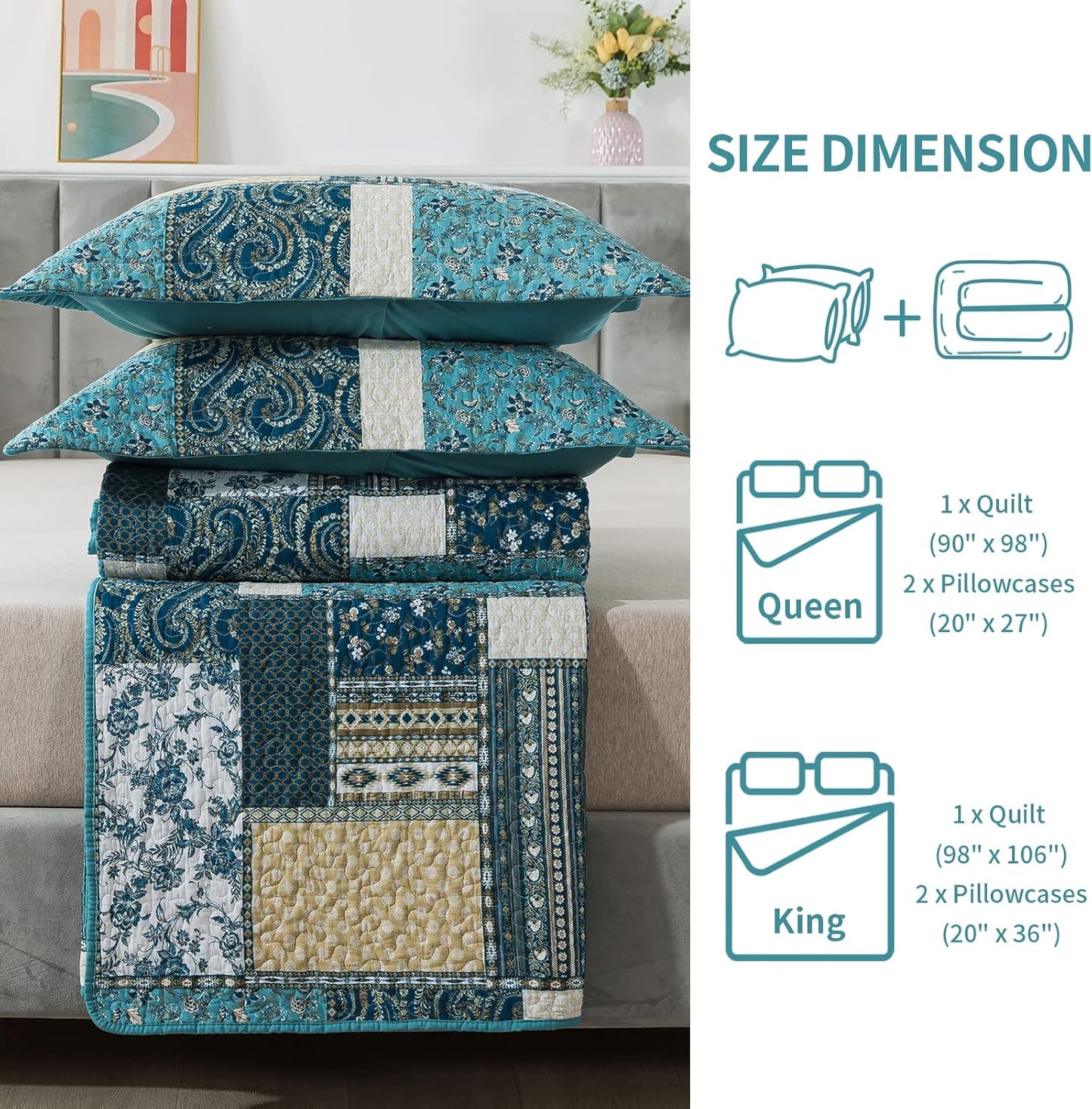 BEDIFANY Cotton California King Size Quilt Set, Lightweight Bedspread Oversized King Coverlet, Soft Farmhouse Quilt Bedding Sets for Bed Decorations for All Seasons (3 Pieces, Blue)