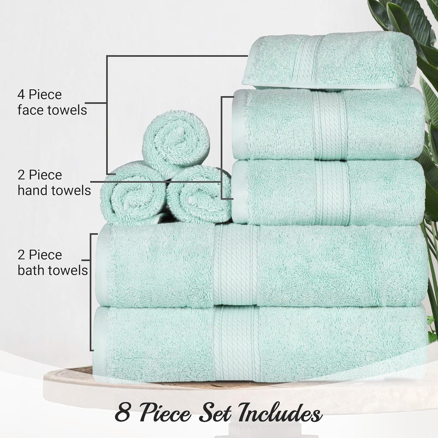 Superior Egyptian Cotton Pile 8 Piece Towel Set, Includes 2 Bath, 2 Hand, 4 Face Towels/Washcloths, Ultra Soft Luxury Towels, Thick Plush Essentials, Guest Bath, Spa, Hotel Bathroom, Sea Foam