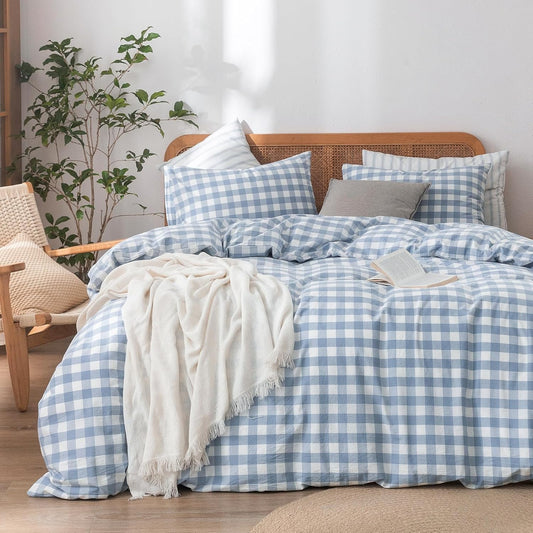 BESTOUCH Duvet Cover Set 100% Washed Cotton Linen Feel Super Soft Comfortable Chic Lightweight 3 PCs Home Bedding Set Cornflower Blue & White Grid King