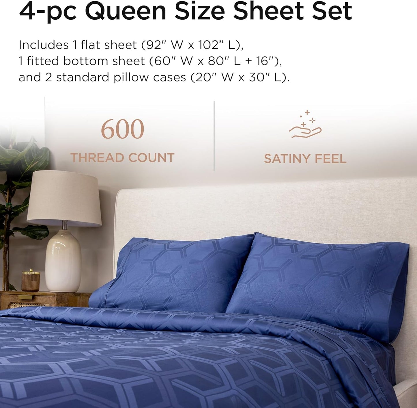 Threadmill 100% Cotton Sheets for Queen Size Bed - 600 Thread Count Queen Bed Sheets Set with 16” Deep Pocket - Jacquard Sateen Weave 4-Piece Bedding Set with Cooling Effect, Folkstone Blue