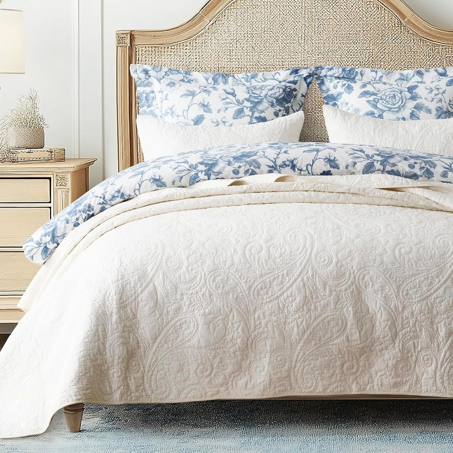 EVERGRACE 100% Cotton Paisley Quilt Set, King Size 3 Piece Set – Prewashed Lightweight Bedspread with 2 Shams, Soft & Breathable Matelasse Coverlet for All-Season Comfort, Ivory Cream