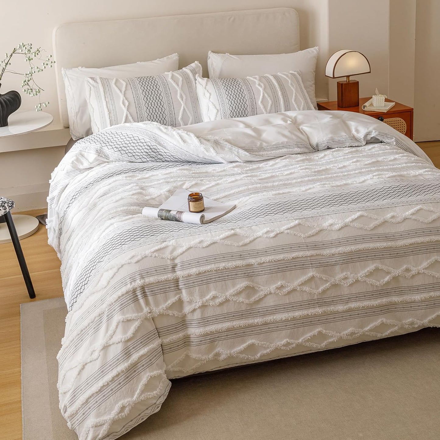 Cottonight White Black Boho Comforter Set Full Farmhouse Tufted Bedding Set Soft Bohemain Shabby Chic Blanket Quilts Embroidery Rustic Luxury Soft 3PCS Bed Set for Women Men
