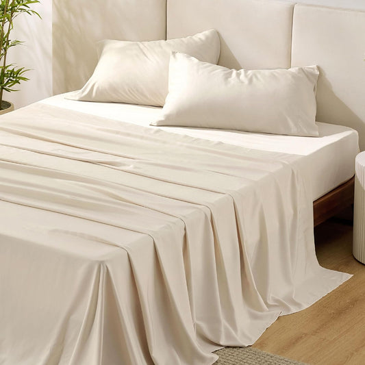 Bedsure California King Sheet Sets, Cooling Sheets, Rayon Derived from Bamboo, Breathable & Soft, Deep Pocket Up to 16 Inches, Hotel Luxury Silky Bedding for Hot Sleepers, Light Beige