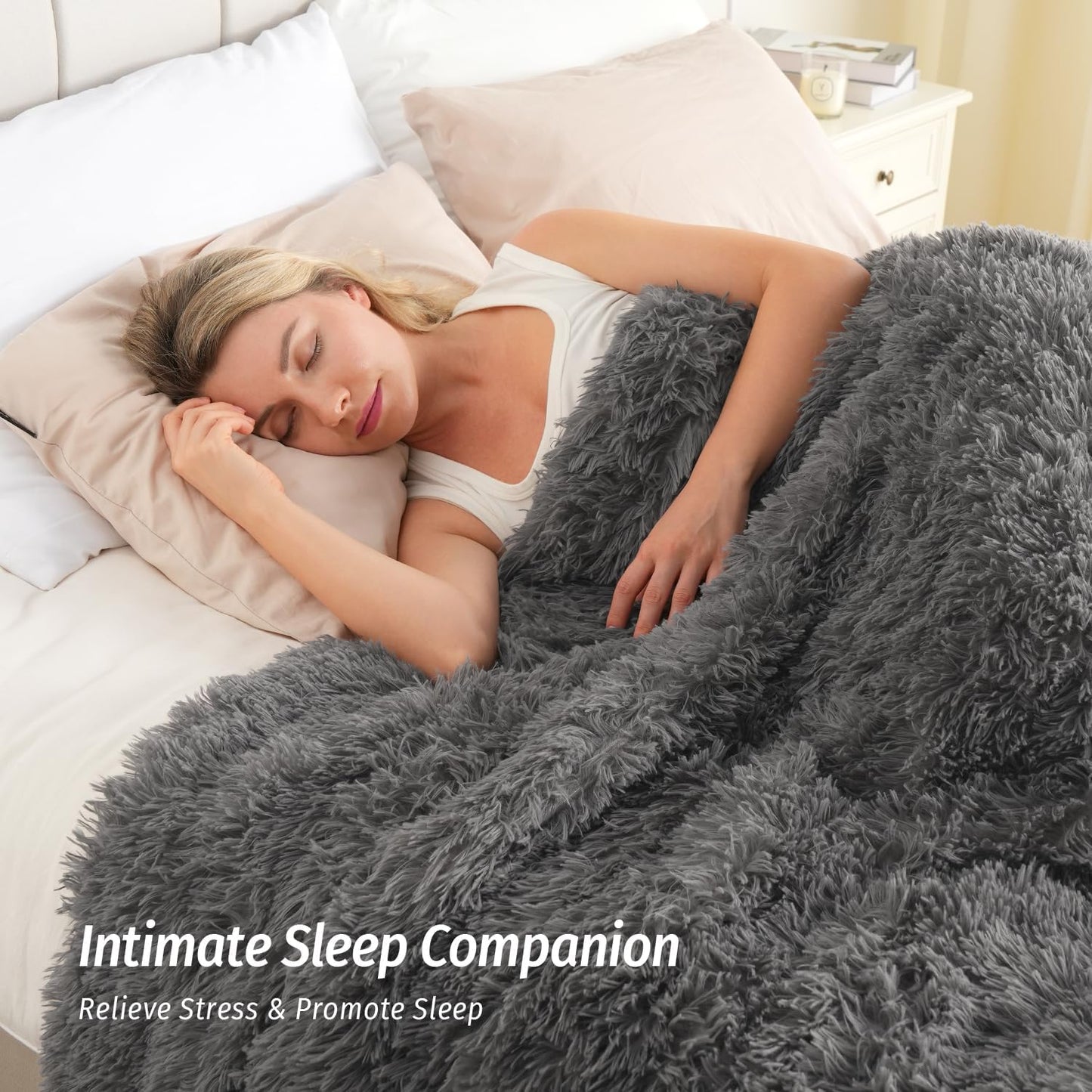 Wemore Shaggy Long Fur Faux Fur Weighted Blanket, Cozy and Fluffy Plush Sherpa Long Hair Blanket for Adult 20lbs, Fluffy Fuzzy Sherpa Reverse Heavy Blanket for Bed, Couch, Grey, 60 x 80 Inches