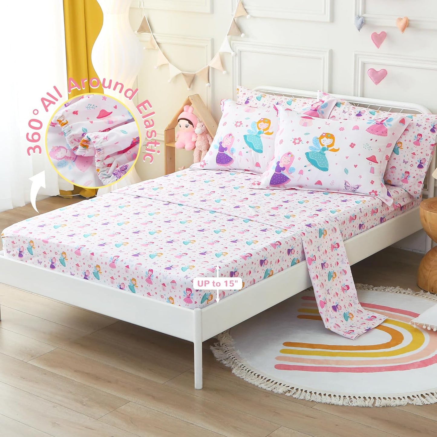 Viviland Kids Twin Bedding Sets for Girls, Soft Twin Comforter Set with Sheets, 5 Pieces Microfiber Bed in a Bag, Fairy Mushroom
