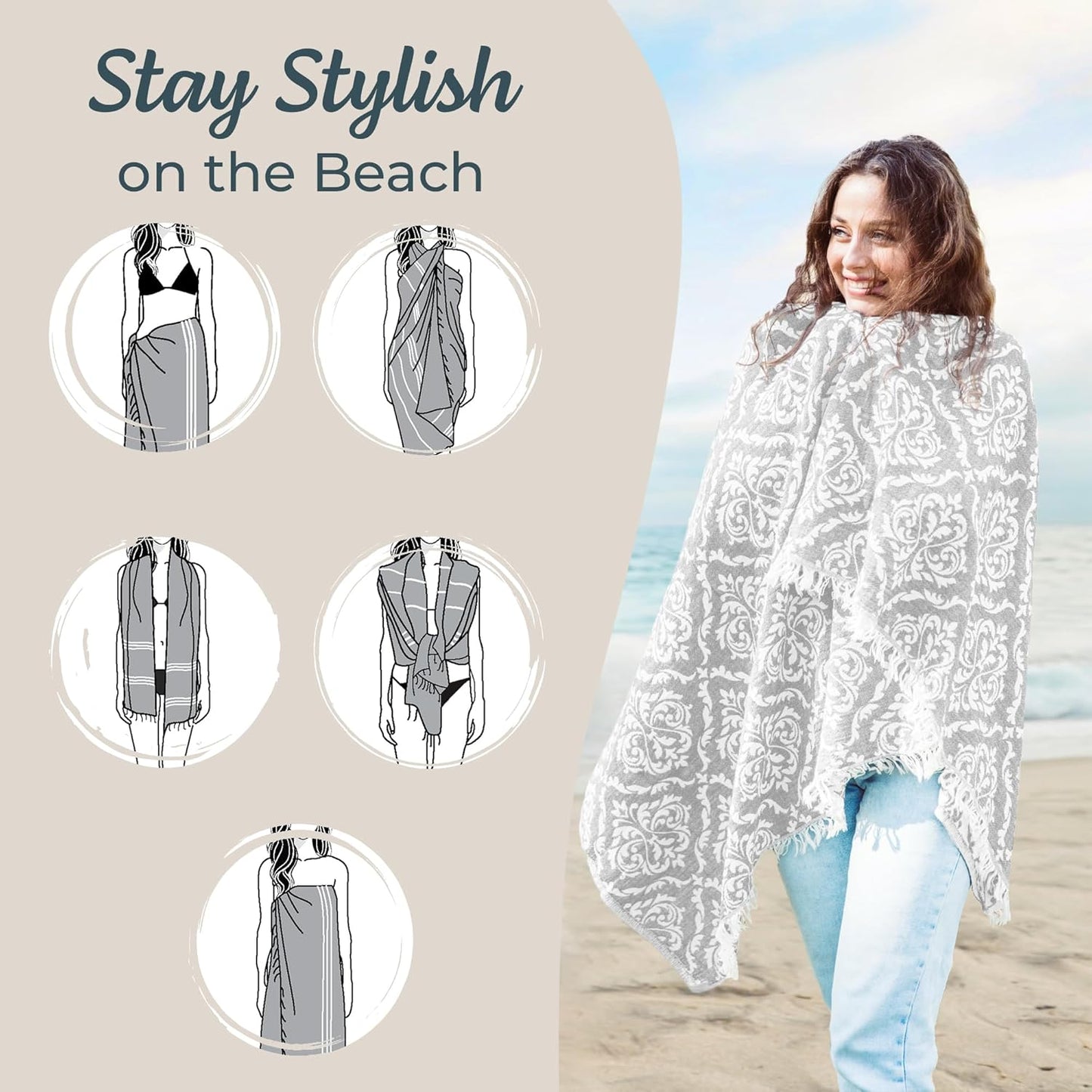 Premium Turkish Beach Towel (35”x 67”) – Lightweight, Quick Dry Beach Towel, Sand-Free, 100% Cotton – Ren Grey Color