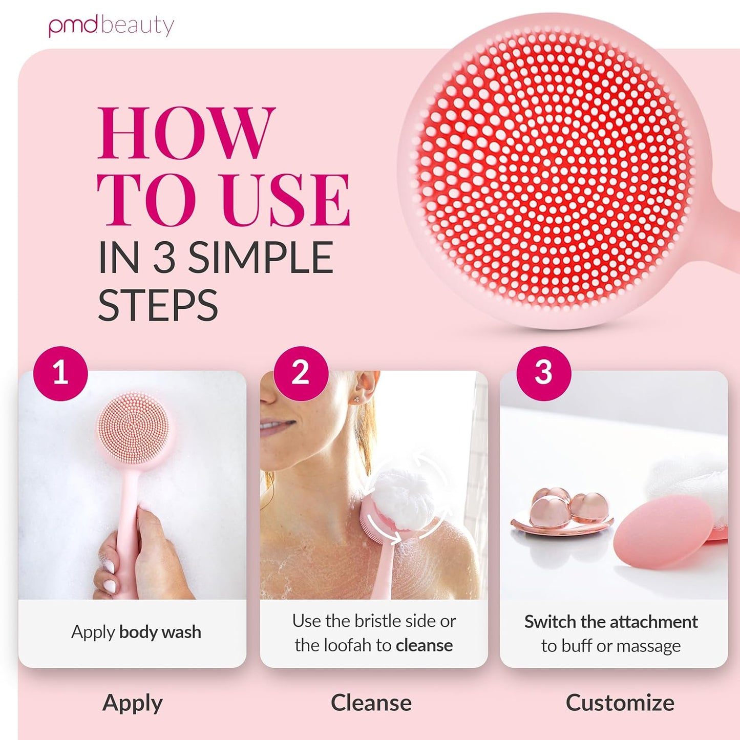 PMD Clean Body - Smart Body Cleansing Device with Silicone Brush & Three Interchangeable Attachments - Waterproof - SonicGlow Vibration - Cleanse, Exfoliate, & Massage Body