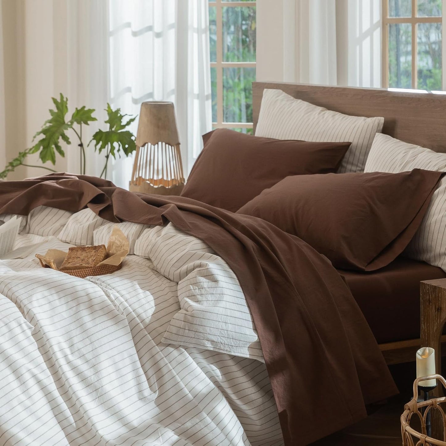 MooMee Bedding Sheet Set 100% Washed Cotton Linen Like Textured Breathable Durable Soft Comfy (Solid Cocoa Brown, Twin)