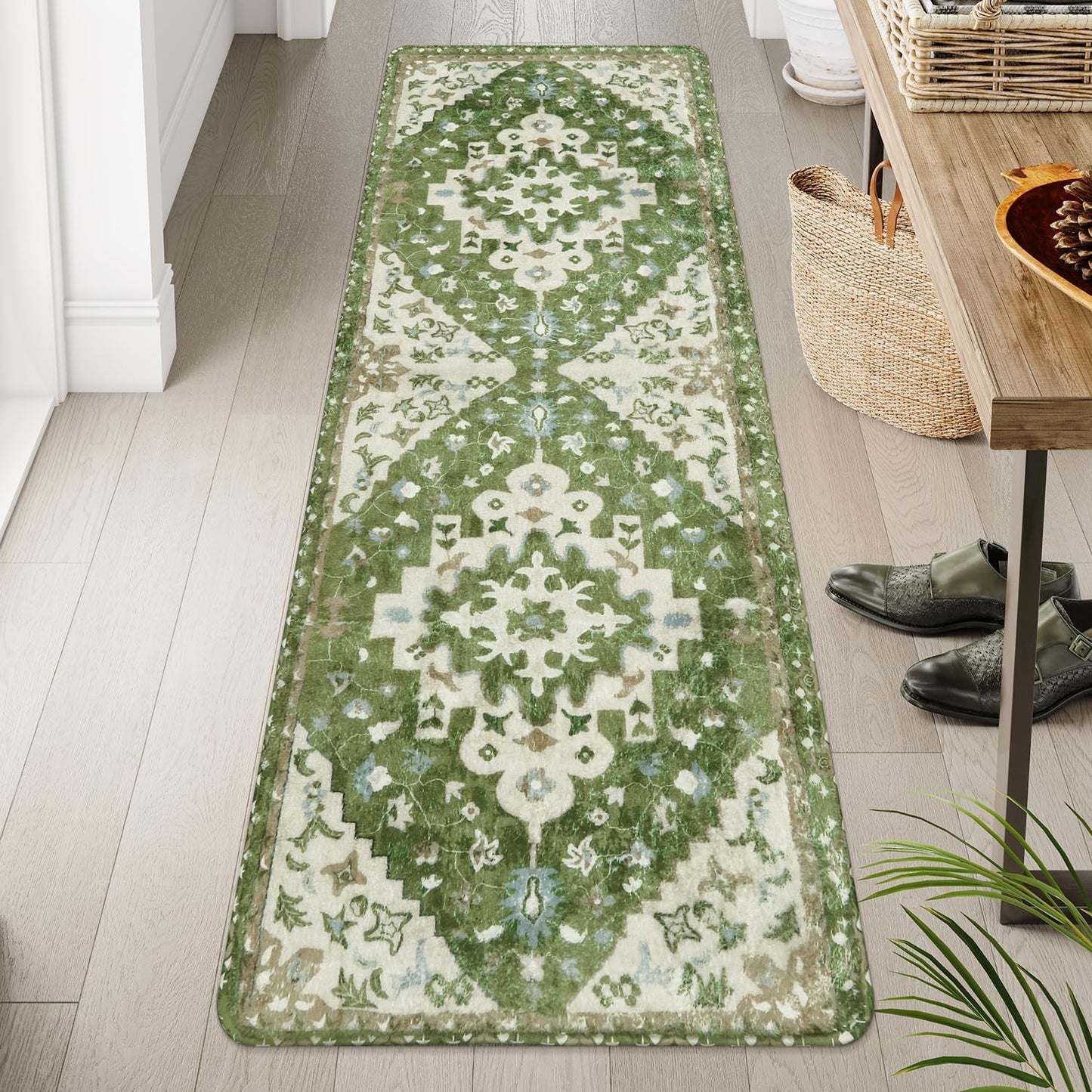 Uphome Vintage Bathroom Runner Rug Sage Green Boho Non-Slip Kitchen Runner Oriental Soft Machine Washable Hallway Rug Tribal Floral Aesthetic Shower Mat for Bedroom Entryway Kids Room, 24x71 inch