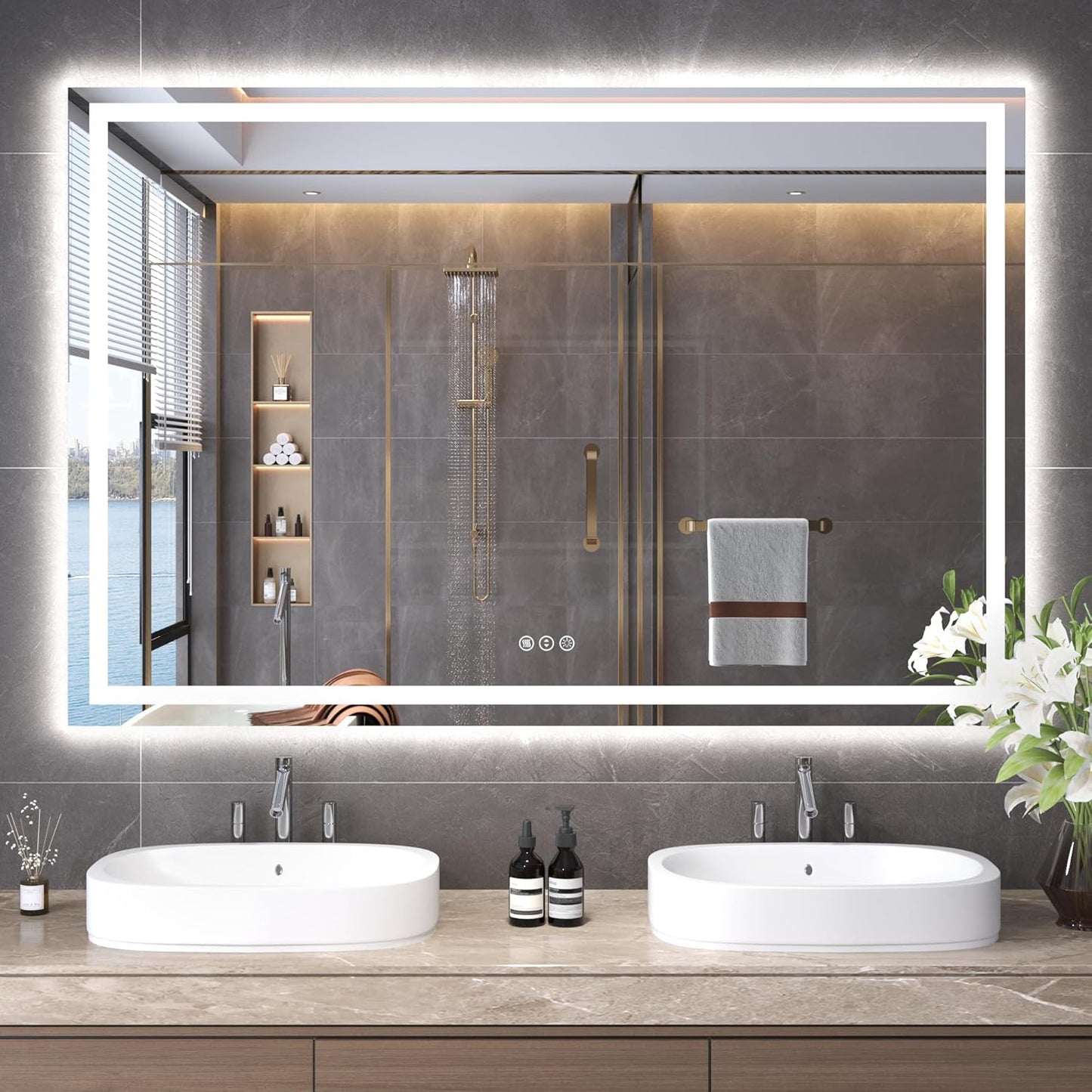 60"X40" LED Bathroom Mirror with Front Lights and Backlit, Anti-Fog, Dimmable, Shatter-Proof Tempered Glass, Lighted Bathroom Vanity Mirror for Wall with 3 Colors, Memory Function