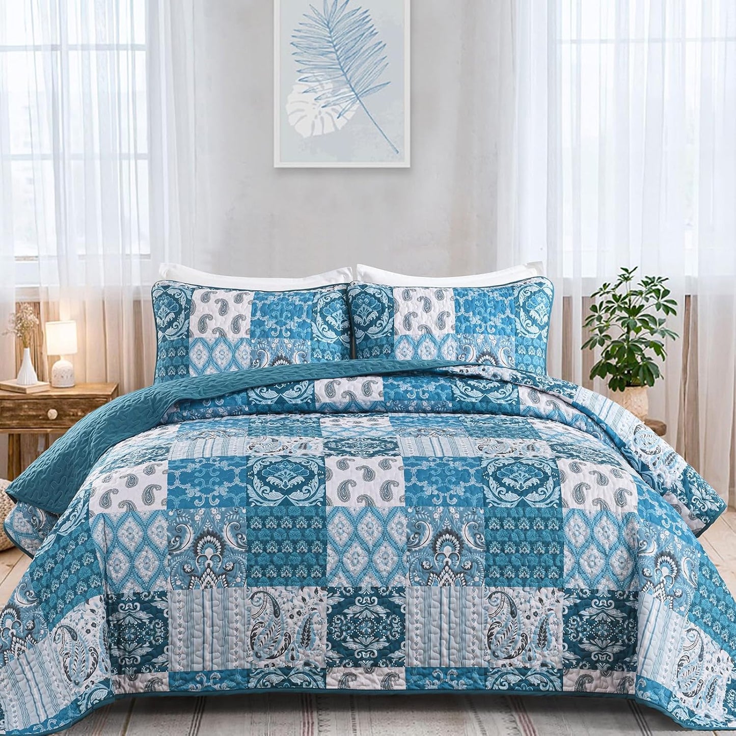 WONGS BEDDING Boho Quilt Set Queen Size,Teal Blue Plaid Patchwork Bedspread Bedding Set Soft Microfiber Quilt for Queen Bed Reversible 3 Pieces Coverlet Set for All Season (96"x90")