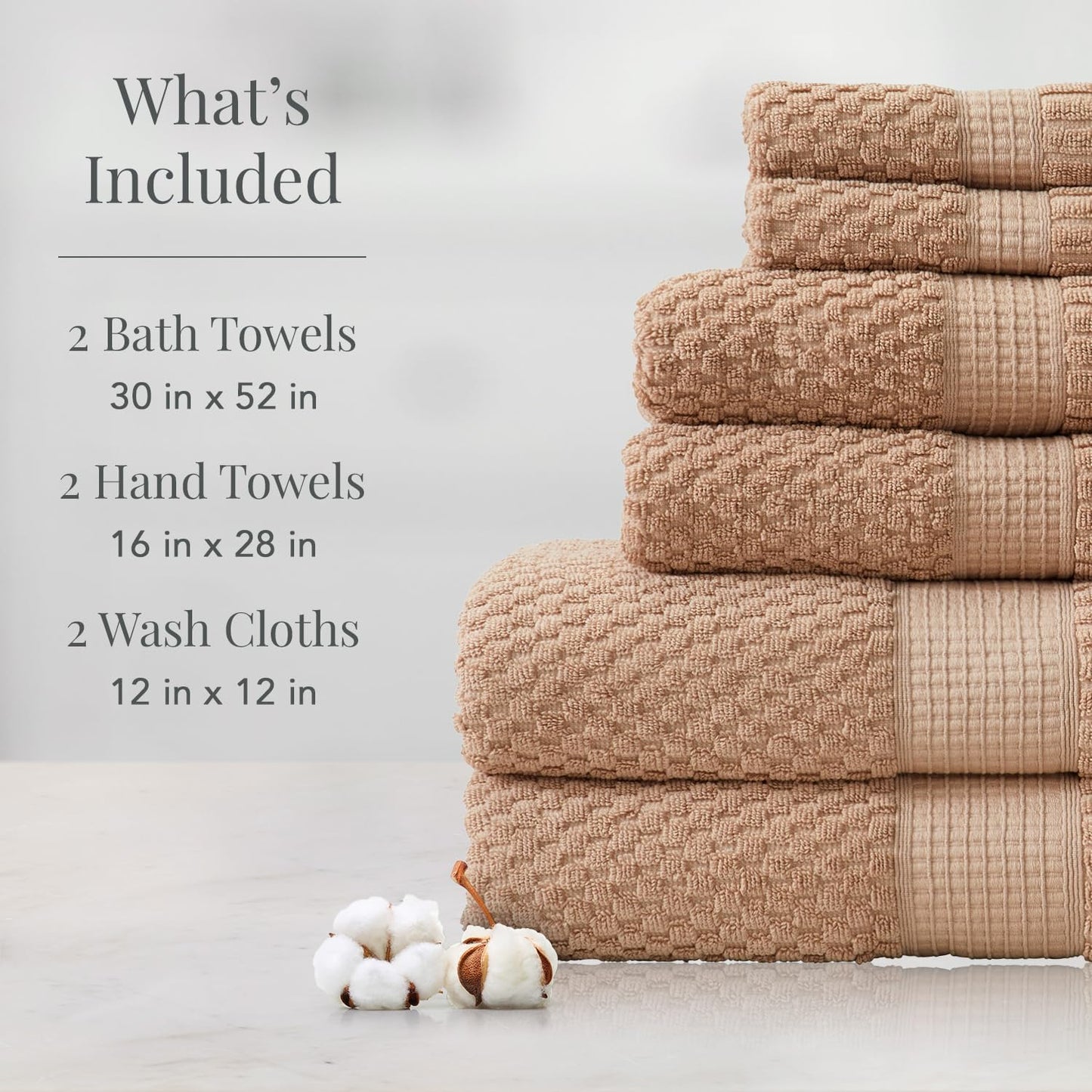 NY Loft 100% Cotton Towel Set 6 Piece Towel Set | Super Soft & Absorbent Quick-Dry 2 Bath Towels 2 Hand Towels & 2 Washcloths |Textured and Durable Cotton | 6 Piece Set, Light Taupe