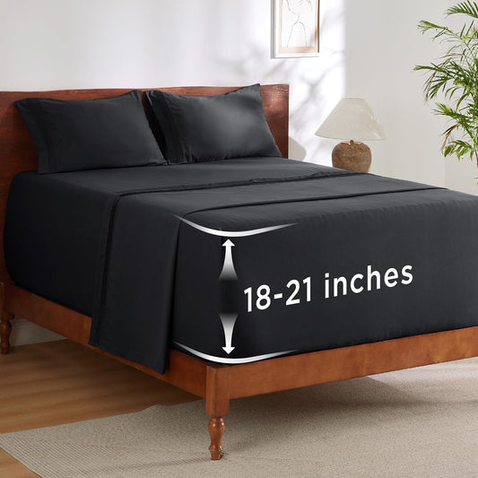 Bedsure Deep Pocket King Sheet Set - Fits Mattresses Up to 21 Inches Thick - 4 Piece GentleSoft Bed Sheets, Moisture Wicking, Soft & Cooling Bedsheet & Pillowcases, Easy & Secure Fit, Black