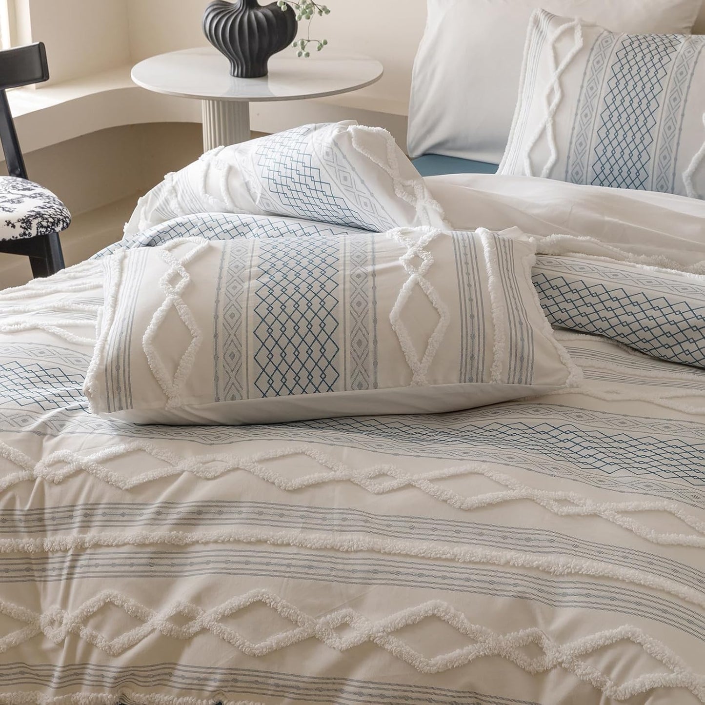Cottonight White Blue Boho Comforter Set Full Farmhouse Tufted Bedding Set Soft Bohemain Shabby Chic Blanket Quilts Embroidery Rustic Luxury Soft 3PCS Bed Set for Women Men