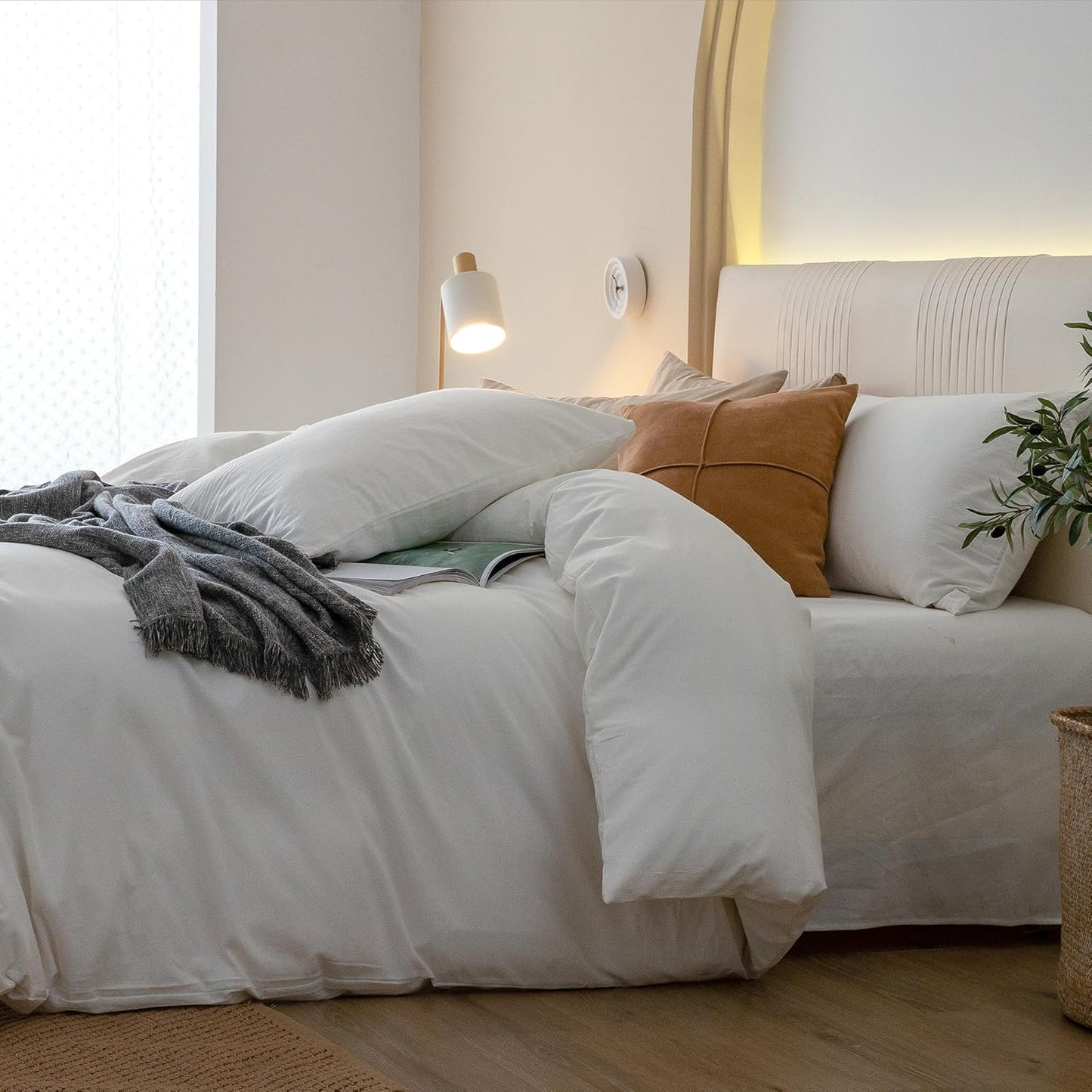 JIYUAN 100% Washed Cotton Duvet Cover Set 3 PCS Super King Plus, 1 Duvet Cover 120x120 Inches(Comforter Not Included) and 2 Pillowcases,Linen Feel Bedding Set Comfy and Breathable,Off White