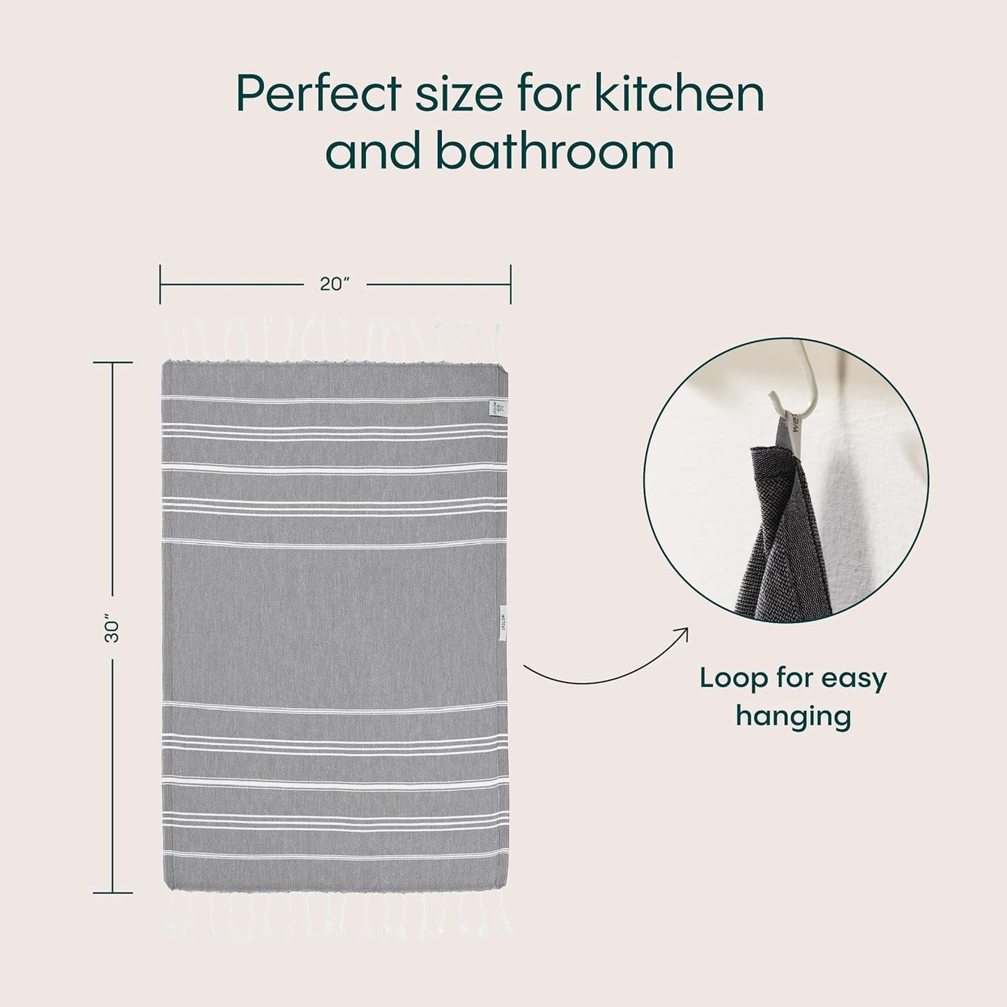 WETCAT Turkish Hand Towels with Hanging Loop, Set of 2 (20" x 30") 100% Turkish Cotton, Pre-Washed, Quick Drying, for Kitchen or Bathroom - Dark Gray
