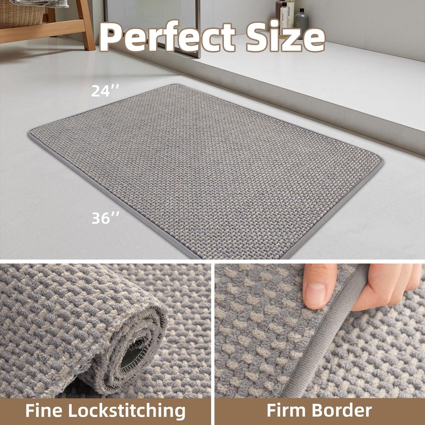 PADOOR-Bath Mat-Super Absorbent Chenille Bathroom Mats-Rubber Backed Bath Mats for Bathroom Non Slip, Easy Clean Bathroom Rugs Front of Bathtub,Shower Room,Sink-24×36, Grey&Beige