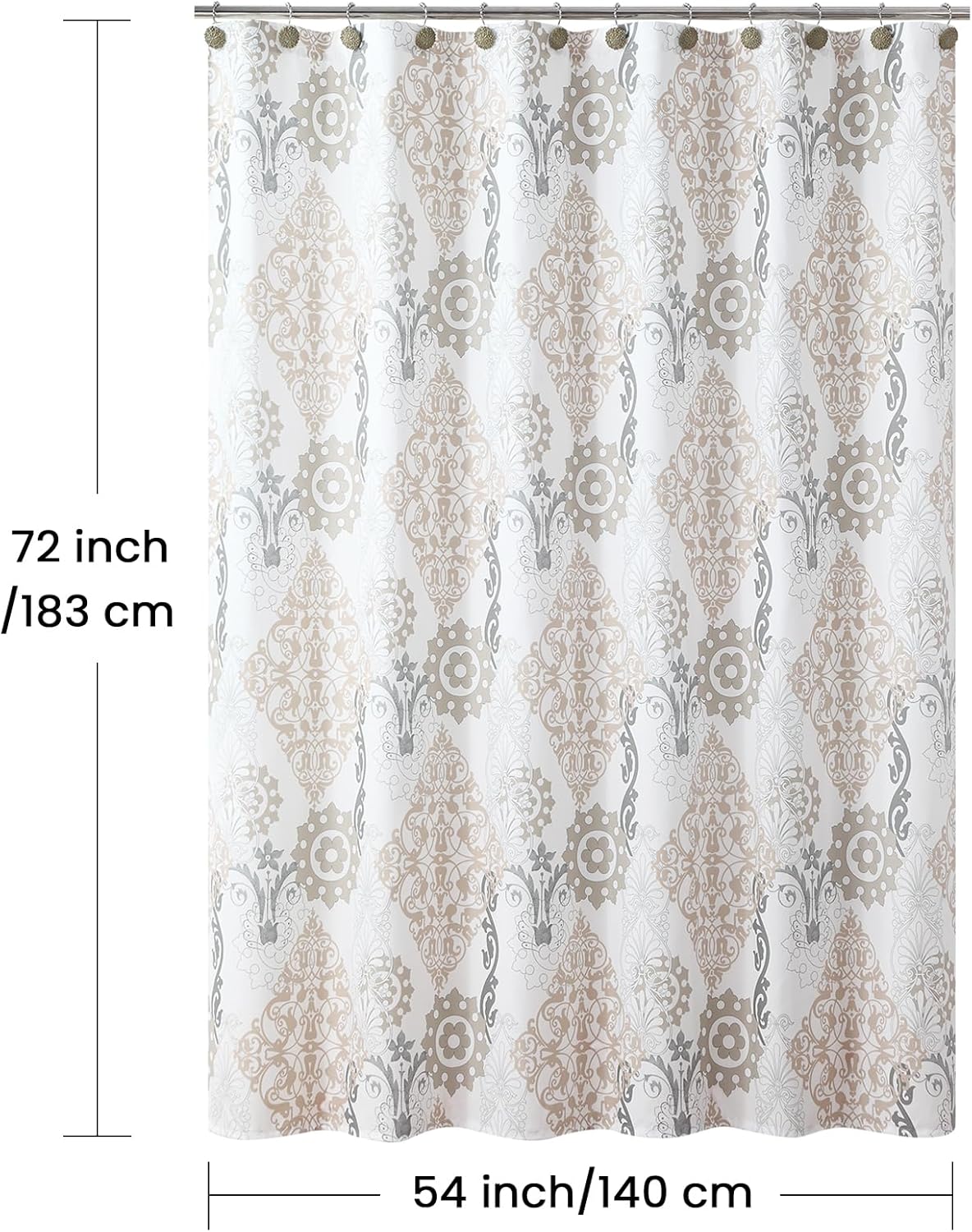 Stall Fabric Shower Curtain, White and Beige Boho Damask Print Shower Curtains for Bathroom, 54" W x 72" H