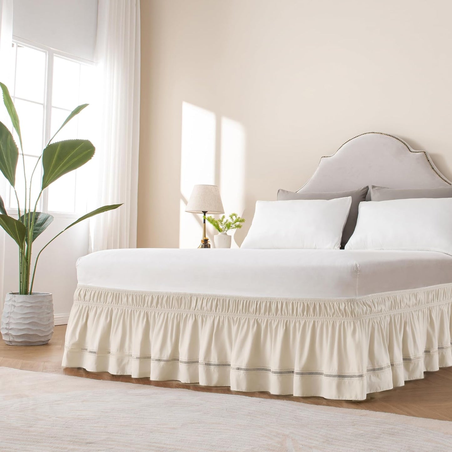 MIYE Wrap Around Ruffled Lace Bed Skirt, Elastic Dust Ruffle with Adjustable Belts, Easy to Put On, Bed Frame Cover, Machine Washable (Ruffled Lace/Light Beige, King/Queen-15 Drop)
