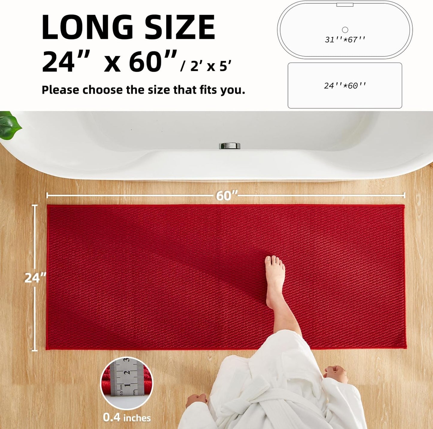 Christmas Bathroom Runner Rug, Long Bath Mat Washable Thin Quick Dry Low Pile Bathroom Runner Rugs 24 x 60 Non Slip, Red 24"x60"