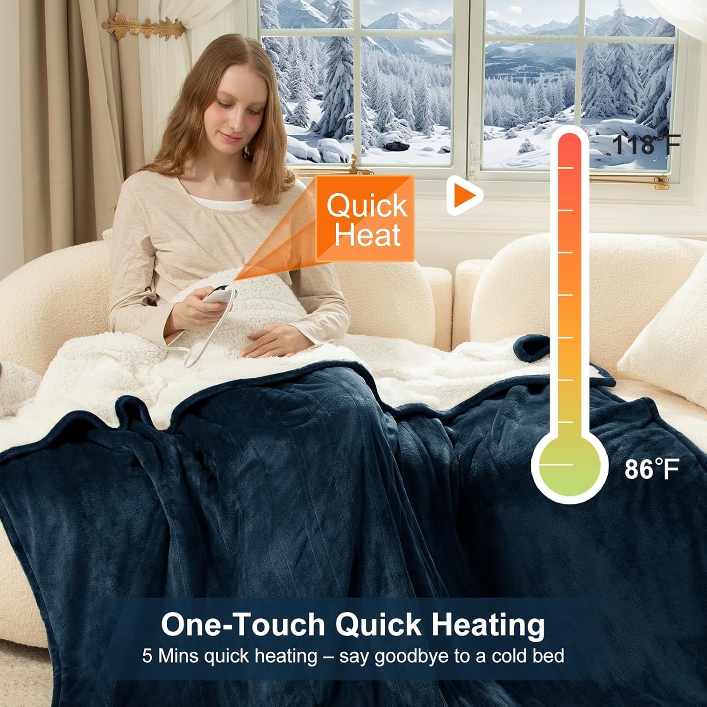 Heating Blanket Full Size - 72" x 84" Flannel Sherpa Heated Blanket with Fast Heating, 6 Heating Levels, 1-10 Hours Timer Settings, Overheat Protection, Washable Electric Blanket, Navy