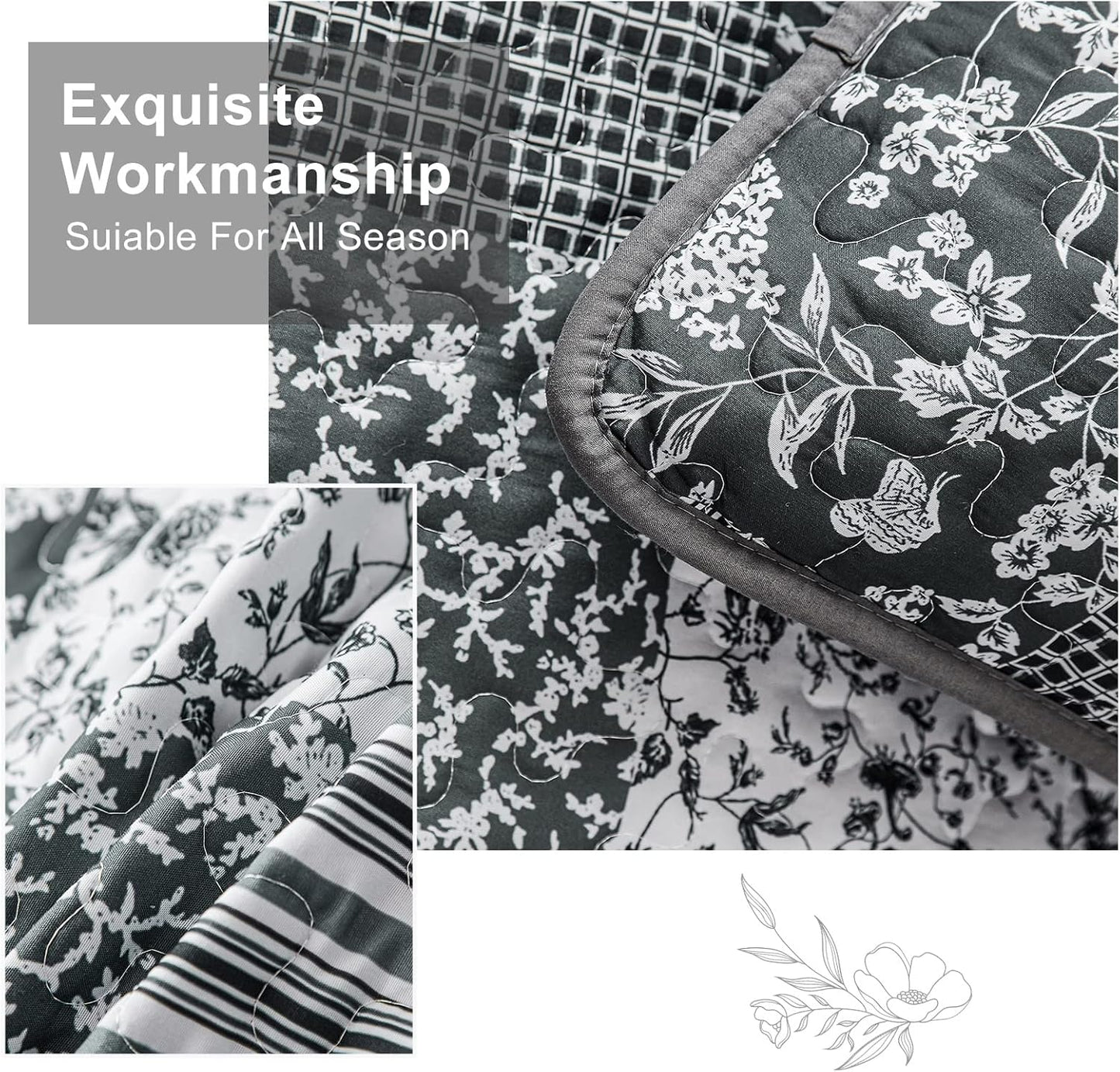 Mybedsoul Black Grey Boho Quilt Set Queen Size,3 Pieces Plaid Floral Bedspread Coverlet Set for All Season,Patchwork Reversible Bedding Set Queen 90"x96"