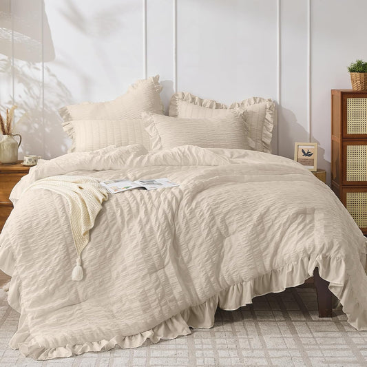JOLLYVOGUE Beige Twin Size Comforter Set, 2 Pieces Seersucker Lightweight Fluffy Bedding Set, Twin Ruffle Comforter, All Season Soft Microfiber Shabby Chic Bed Set