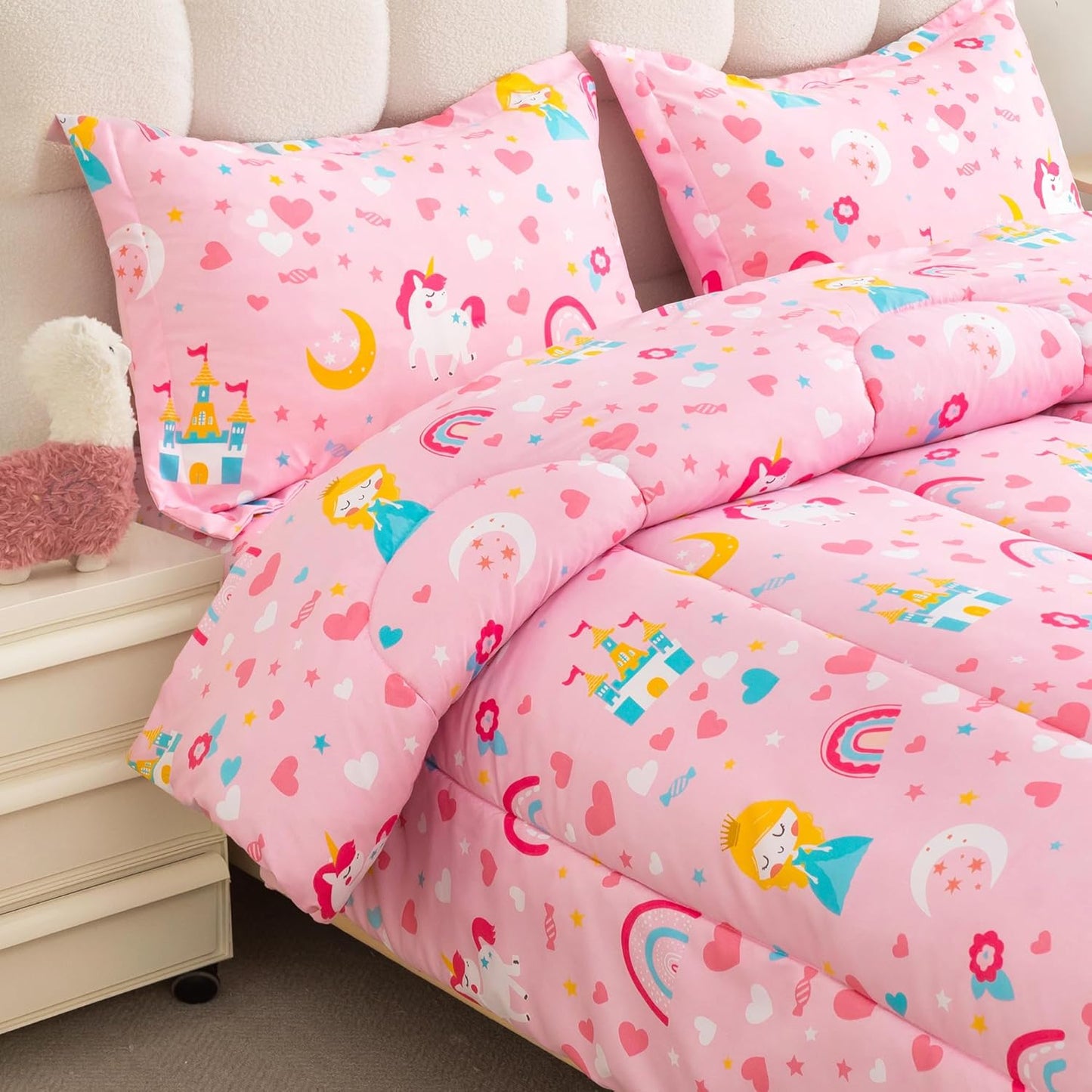 Viviland Kids Twin Bedding Sets for Girls, Soft Twin Comforter Set with Sheets, 5 Pieces Microfiber Bed in a Bag, Pink Castle Unicorn