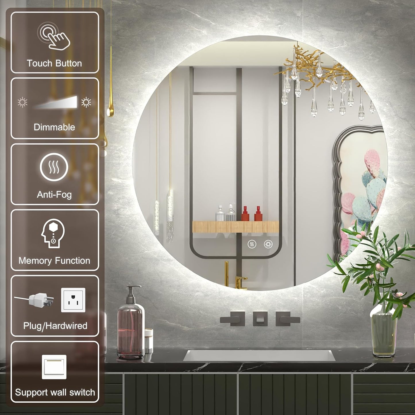 40 inch Large Round Vanity Mirror with LED Lights for Bathroom, Dimmable Backlit & 3 Color Temperatures (3000K/4500K/6000K), Anti-Fog, 5MM HD Glass, Memory, Frameless