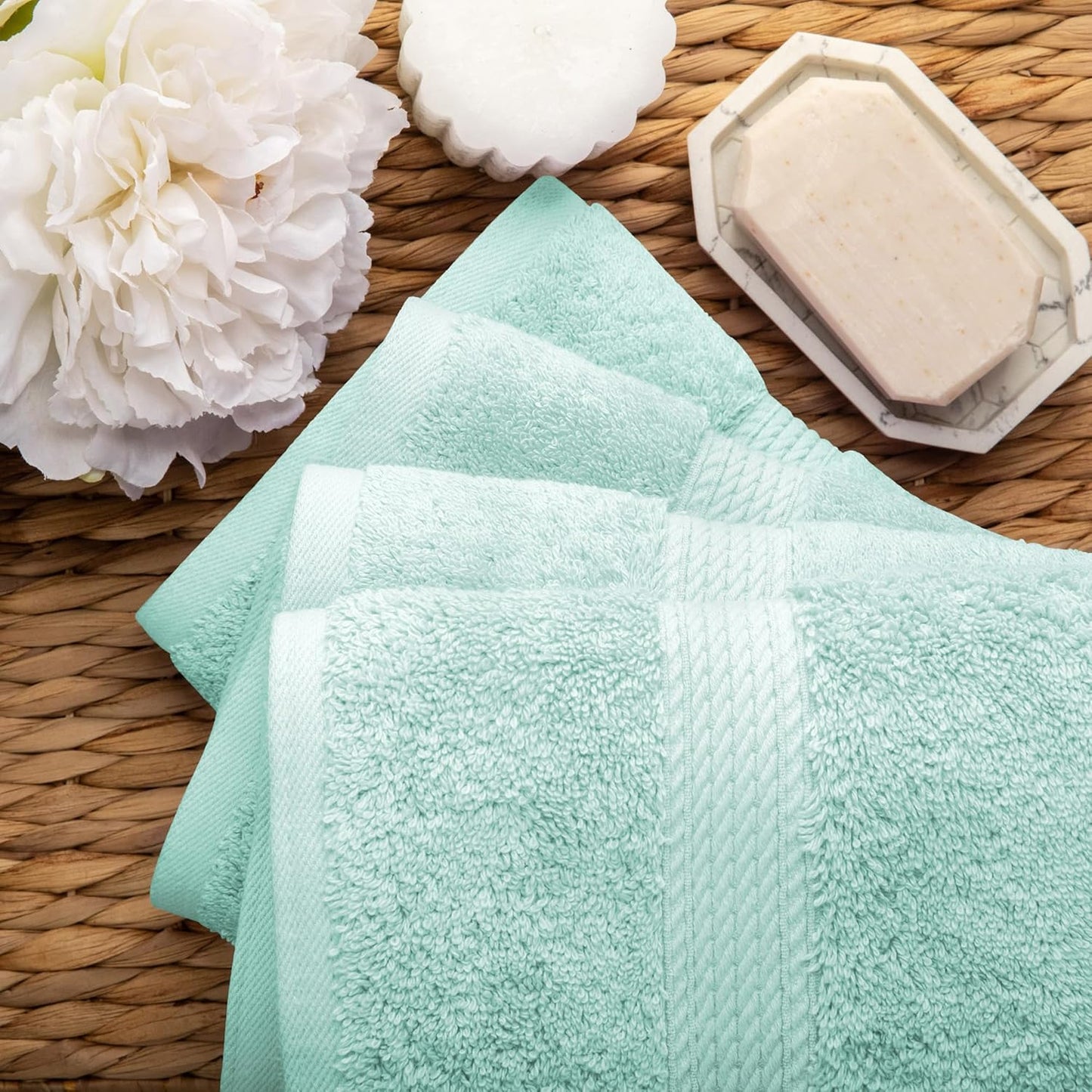 Superior Egyptian Cotton Pile Hand Towel Set of 4, Ultra Soft Luxury Towels, Thick Plush Essentials, Absorbent Heavyweight, Guest Bath, Hotel, Spa, Home Bathroom, Shower Basics, Sea Foam