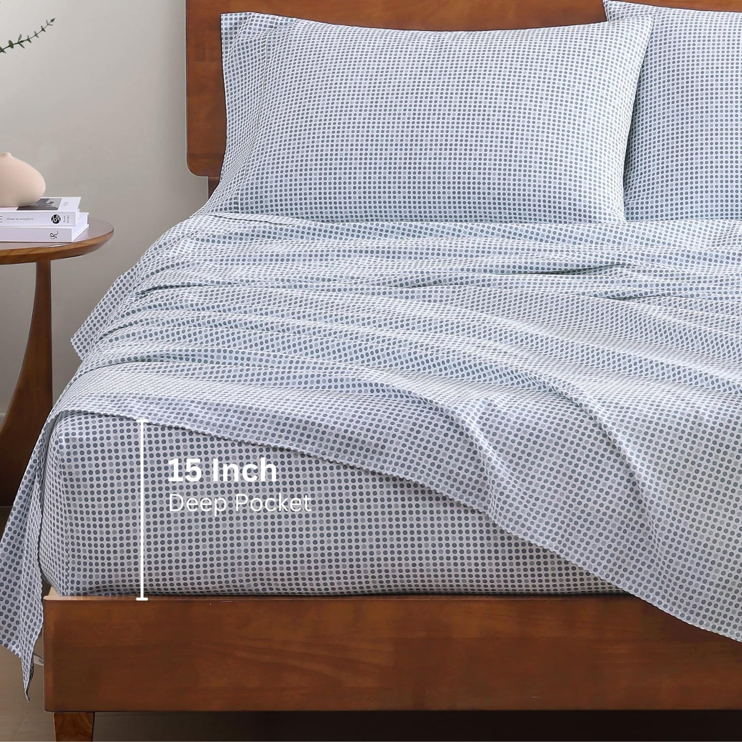 LANE LINEN 100% Organic Cotton Full Sheets Set Soft & Comfy Percale Long Staple Soft Bedding Breathable Fully Elasticized Mercerized Printed Cotton Full Size Set - Polka Dot
