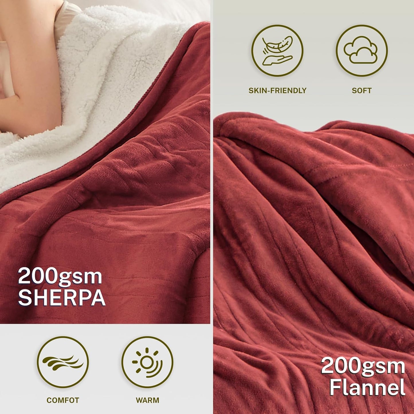 Heat Blanket 72”x84” Full Size,Soft Flannel & Sherpa Reversible Electric Blanket with 10 Heat Settings,12 Timer Setting and 8 Hours Auto-Shut Off,ETL Certified Machine Washable,Red
