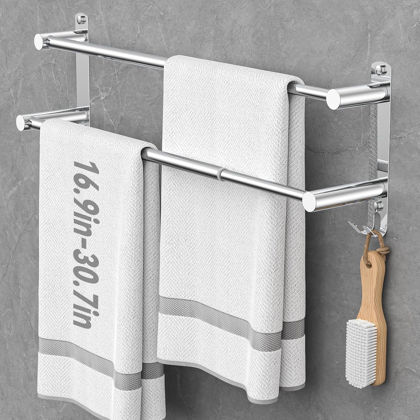 Adjustable Towel Bar for Bathroom Wall Mount17-30.7inch Adhesive Shower Towel Rack Stainless Steel Bath Towel Holders for Toilet Kitchen Double Towel Hanger (2 Layer)
