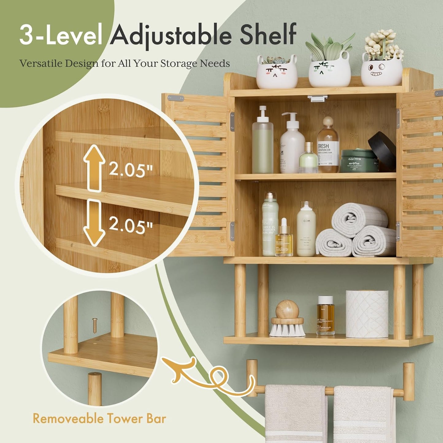 AmazerBath Bathroom Wall Cabinets, Bamboo Medicine Cabinets with Towel Bar, Wall Mounted Storage Cabinet with Adjustable Shelves, 2 Doors Over The Toilet Storage for Small Spaces,8.3x16.5x26.6 Inches