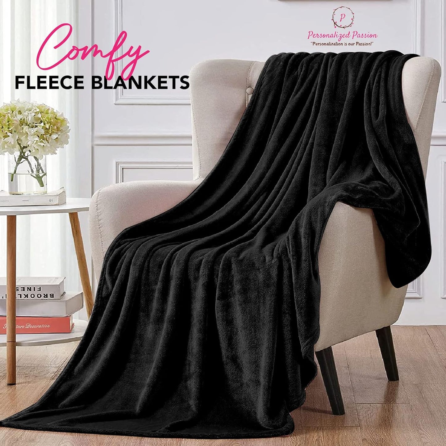 Personalized Passion Blankets with Custom Name & Initial Monogram - Super Soft and Cozy Fleece - Unisex Custom Blanket for Him and Her - 60x40 Inches - Black