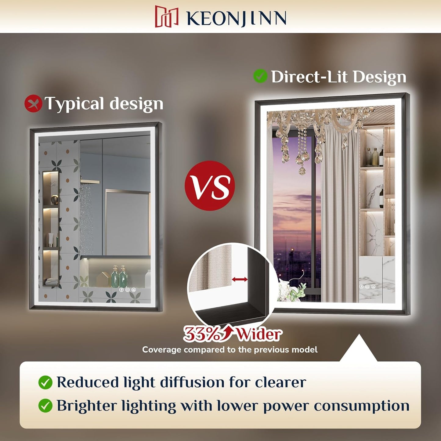 Keonjinn 48” x 30” LED Bathroom Mirror with Frontlit & Backlit, Large Metal Framed Lighted Mirror with Stepless Dimmable 3-Color Temperatures, Anti Fog, UL-Listed Driver, No Dark Corner