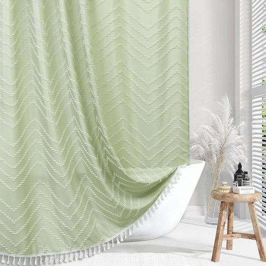Extra Long Sage Green Boho Shower Curtain with White Tassel, Woven Fabric 84 in Shower Curtain, Tufted Chevron Striped, 72 x 84, Modern Chic Textured Minimalist Bathroom Shower