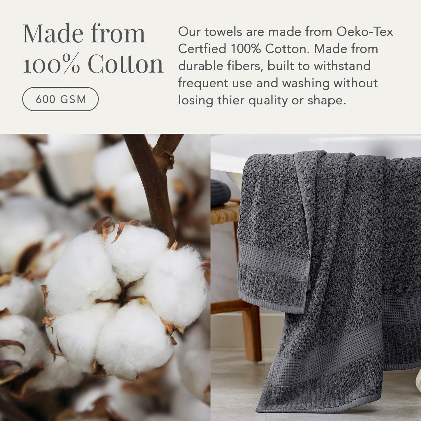 NY Loft 100% Cotton Towel Set 6 Piece | Super Soft & Absorbent Quick-Dry 2 Bath Towels 2 Hand Towels & 2 Washcloths |Textured and Durable Cotton | Trinity Collection (6 Piece Set, Charcoal Grey)