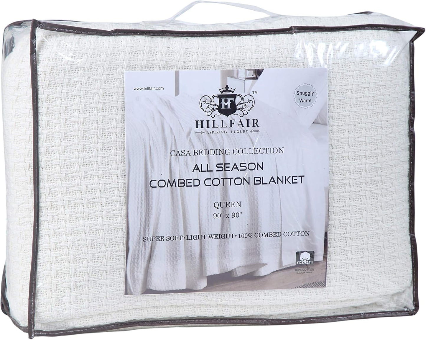 HILLFAIR 100% Combed Cotton Blanket– Queen Bed Blanket– Soft Cozy Warm Multipurpose Throws for Luxury Home Decor– 90 x 90 inch Queen Size Cotton Blankets for Beds- Bed Blankets for All Season- Ivory