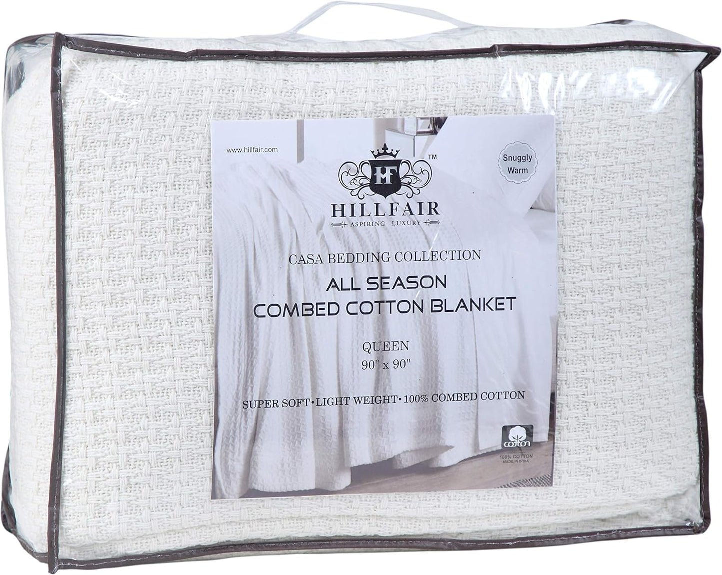 HILLFAIR 100% Combed Cotton Blanket– King Bed Blanket– Soft Cozy Warm Multipurpose Throws for Luxury Home Decor– 90 x 108 inch King Size Cotton Blankets for Beds- Bed Blankets for All Season- Ivory