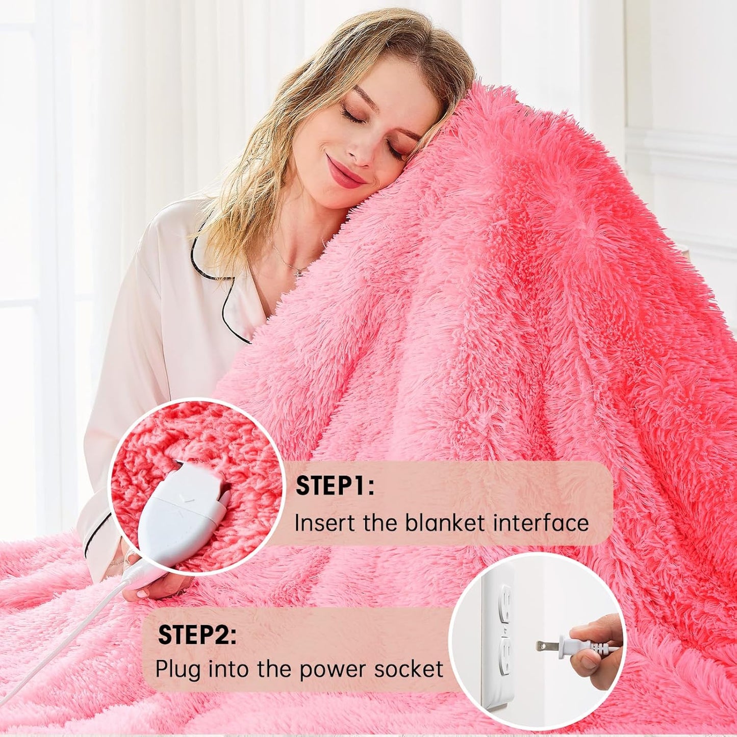 Heated Electric Blanket Twin,Warm Winter Birthday Gifts for Women Her Grandma–Faux Fur with Soft Sherpa,10 Heat Settings,5 Time Settings with Fast Heating, 62x84, Baby Pink