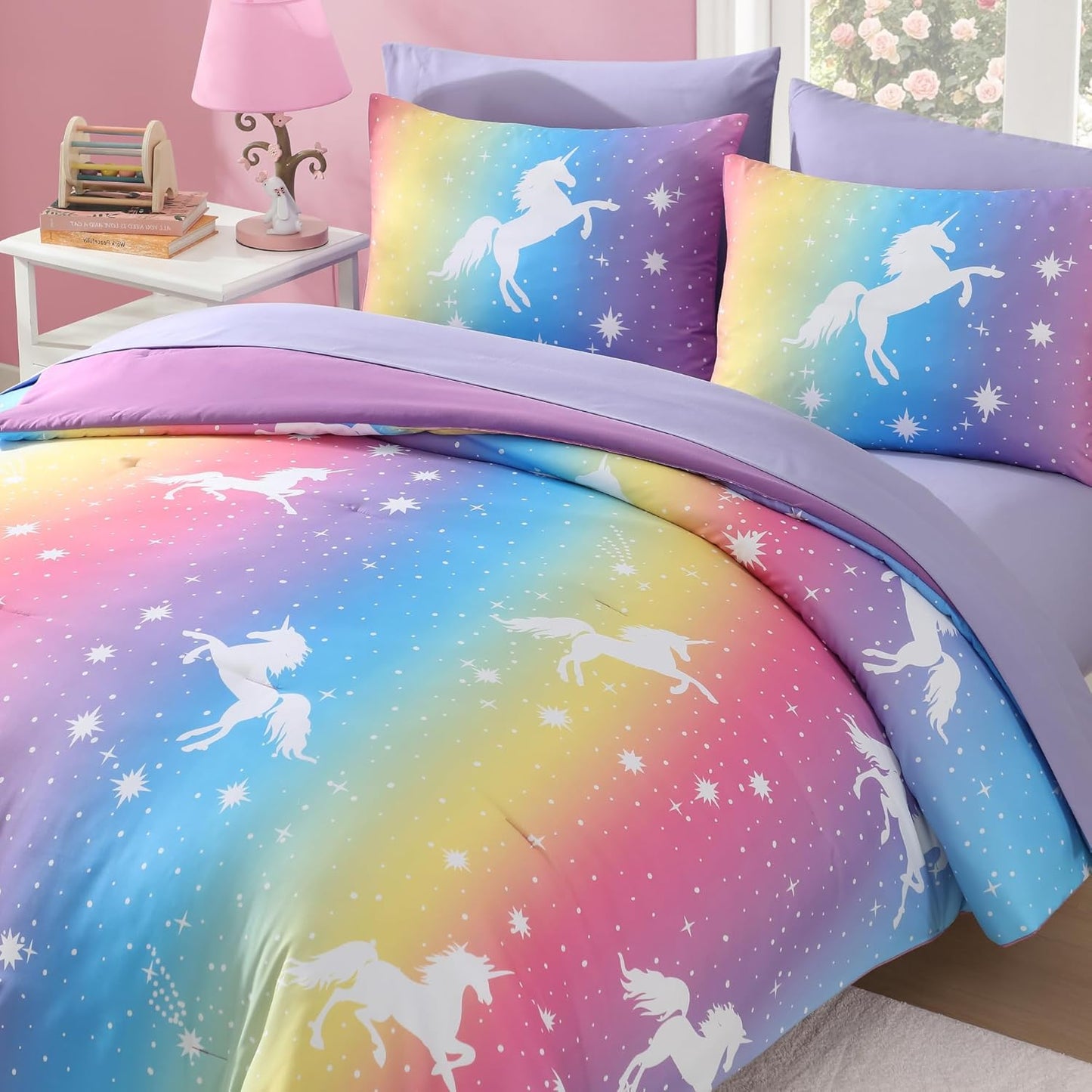 Twin Comforter Set for Girls-5 Pieces Rainbow Unicorn Twin Bedding Sets for Kids, Ultra Soft Bed in A Bag with Sheets