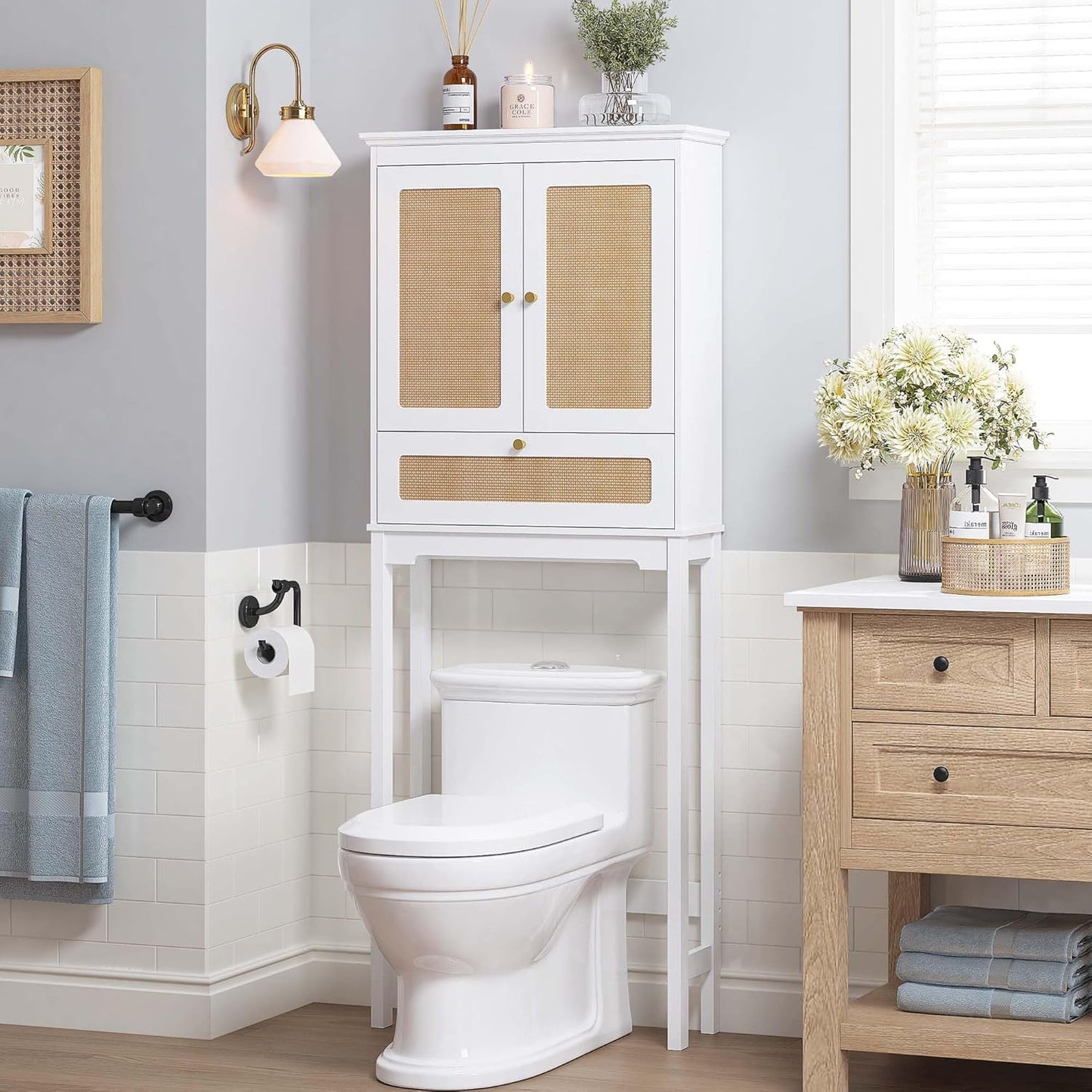 Spirich Over The Toilet Storage Cabinet with Rattan Doors, Over Toilet Bathroom Organizer with Tilt-Out Cube and Adjustable Shelf