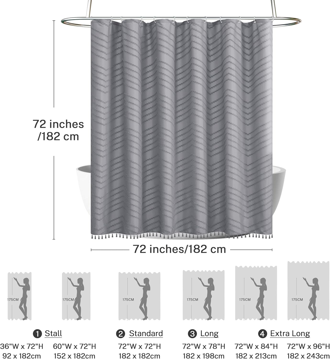 Gray Shower Curtain for Bathroom Fabric Boho Shower Curtain Cloth Textured Tufted Chevron Elegant Shower Curtains Waterproof for Bathroom 72" x 72"