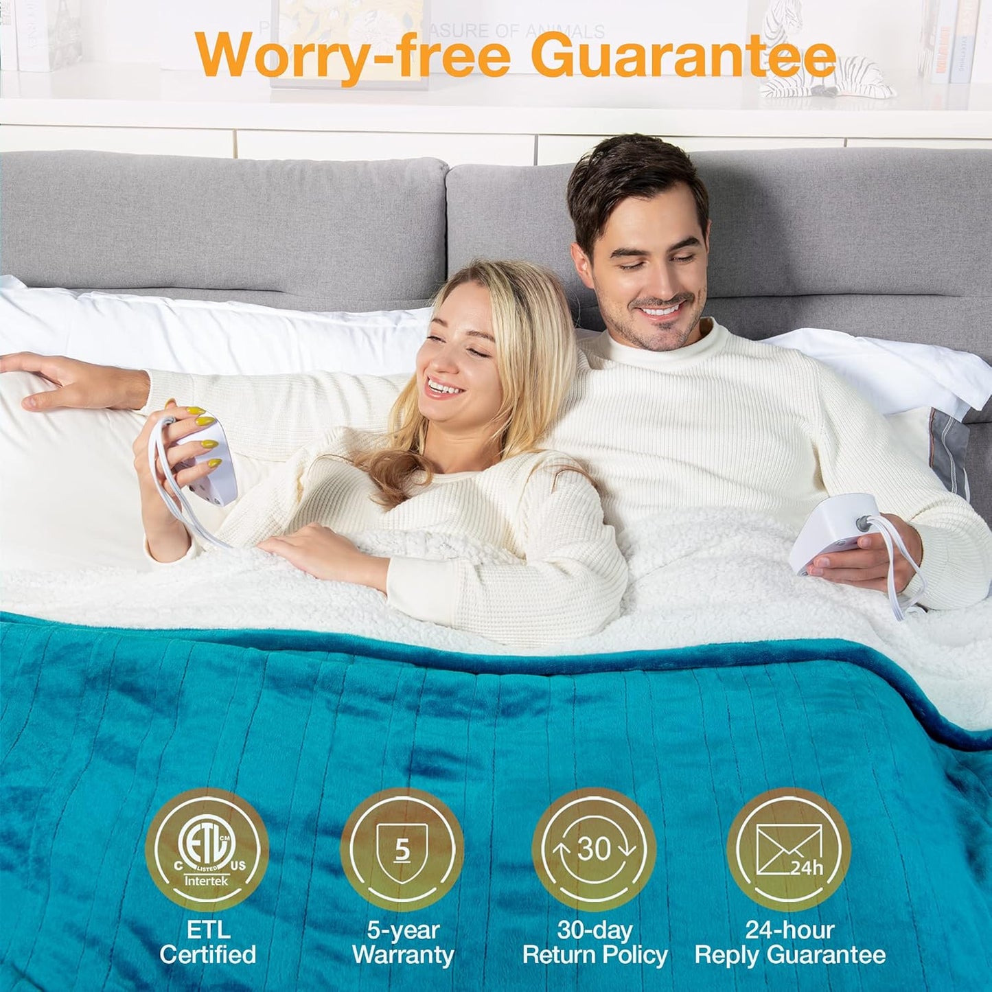 WOOMER Heated Blanket King Size,Durable Flannel and Soft Sherpa,Dual Control,84” × 90” Electric Blanket, 10 Heat Levels&0.5-12h auto-Off, Overheat Protection,Energy Efficient