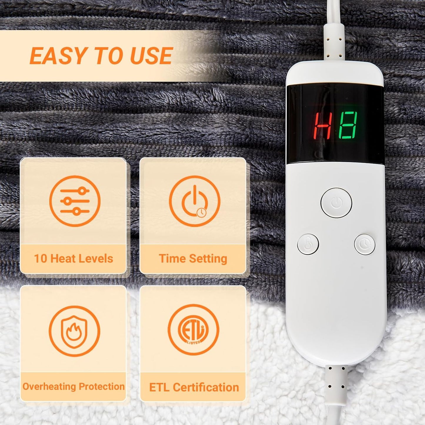 Heated Blanket Electric King, Soft Flannel Heating Blanket with 8 Hours Auto Off 10 Fast Heating Levels Machine Washable Sherpa Heated Blanket with Overheating Protection