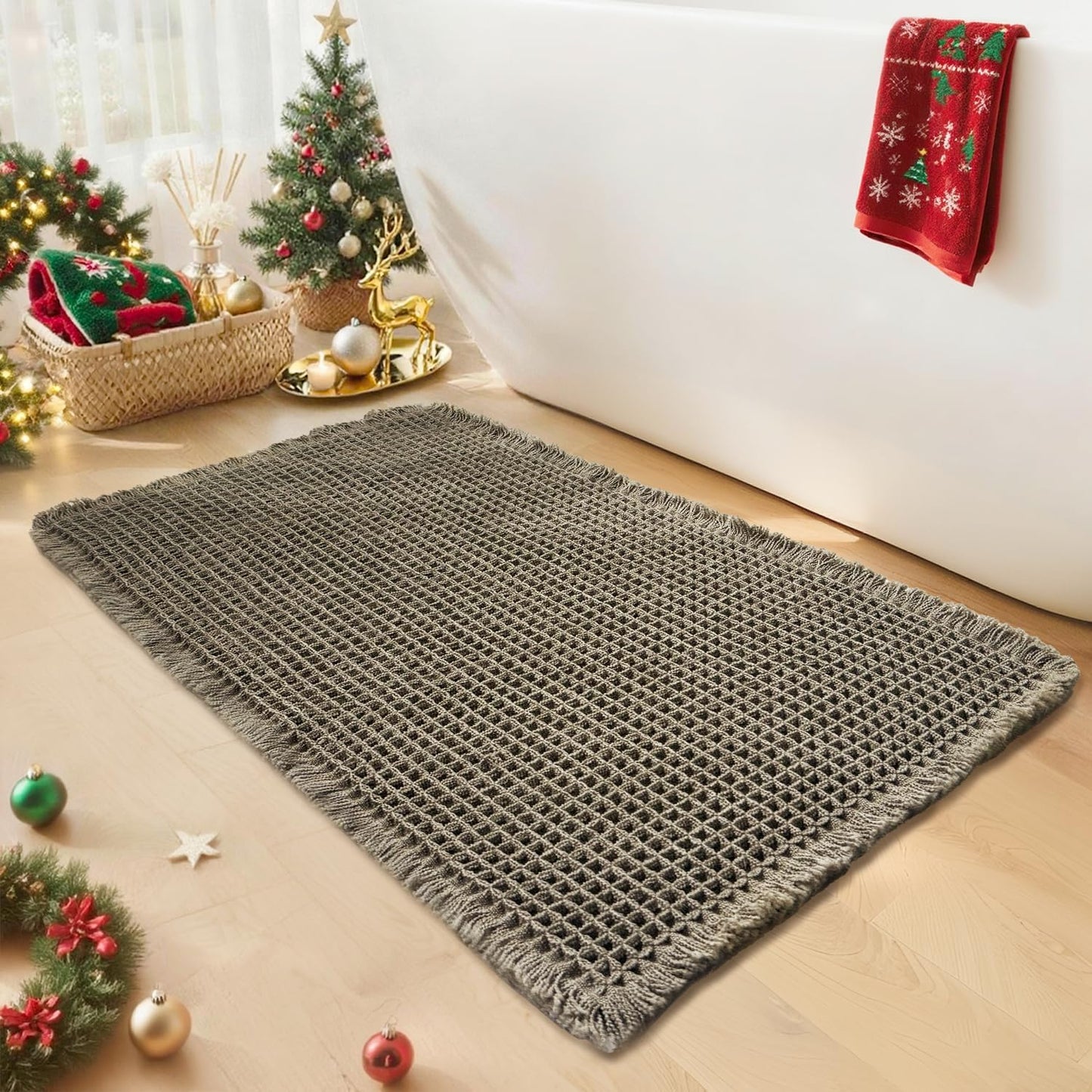 Waffle Bath Mat - Boho Bathroom Rugs Non Slip Washable, Super Absorbent & Quick Dry, Soft Bath Mat Farmhouse Bathroom Decor, 20'' x 32'', Olive Green